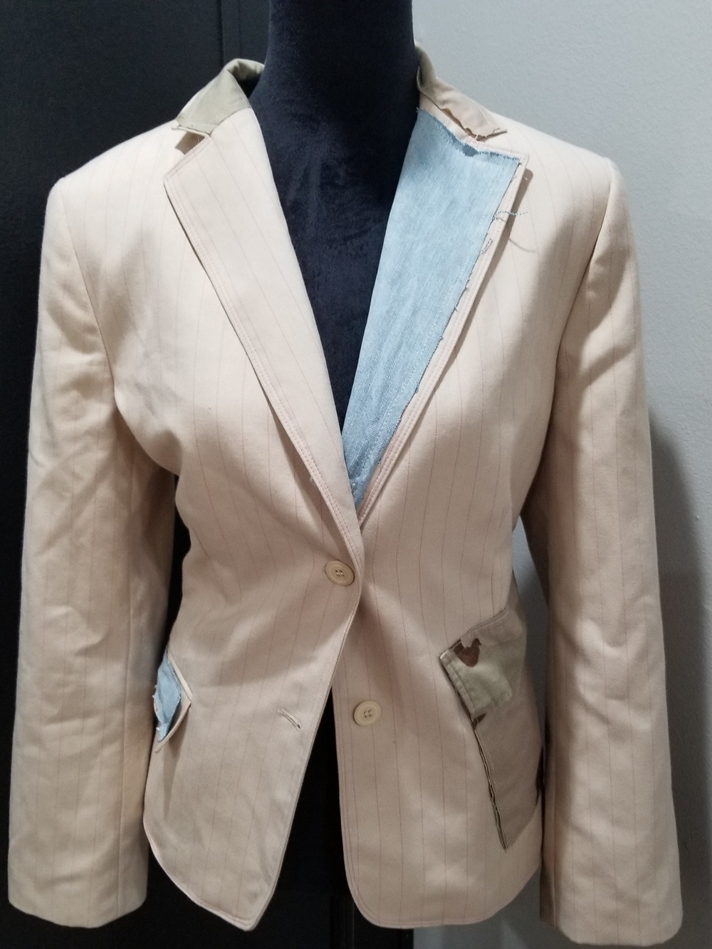 Custom Blazer- Beige Pinstripe Women's Blazer Camo And Denim- Jacket